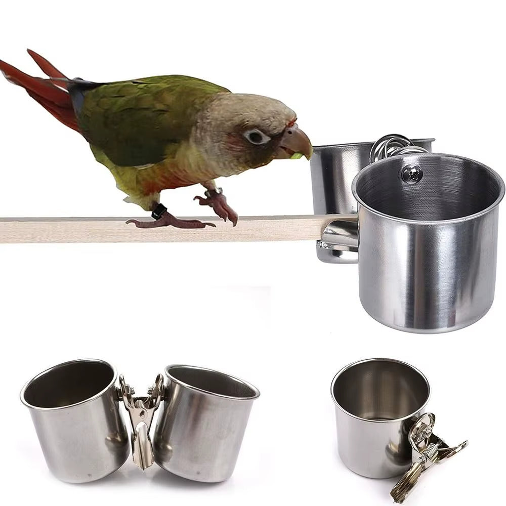 Bird Food Cup Stainless Steel Birds Parrot Feeder round Aviary Pet Food Water Feeding Bowl